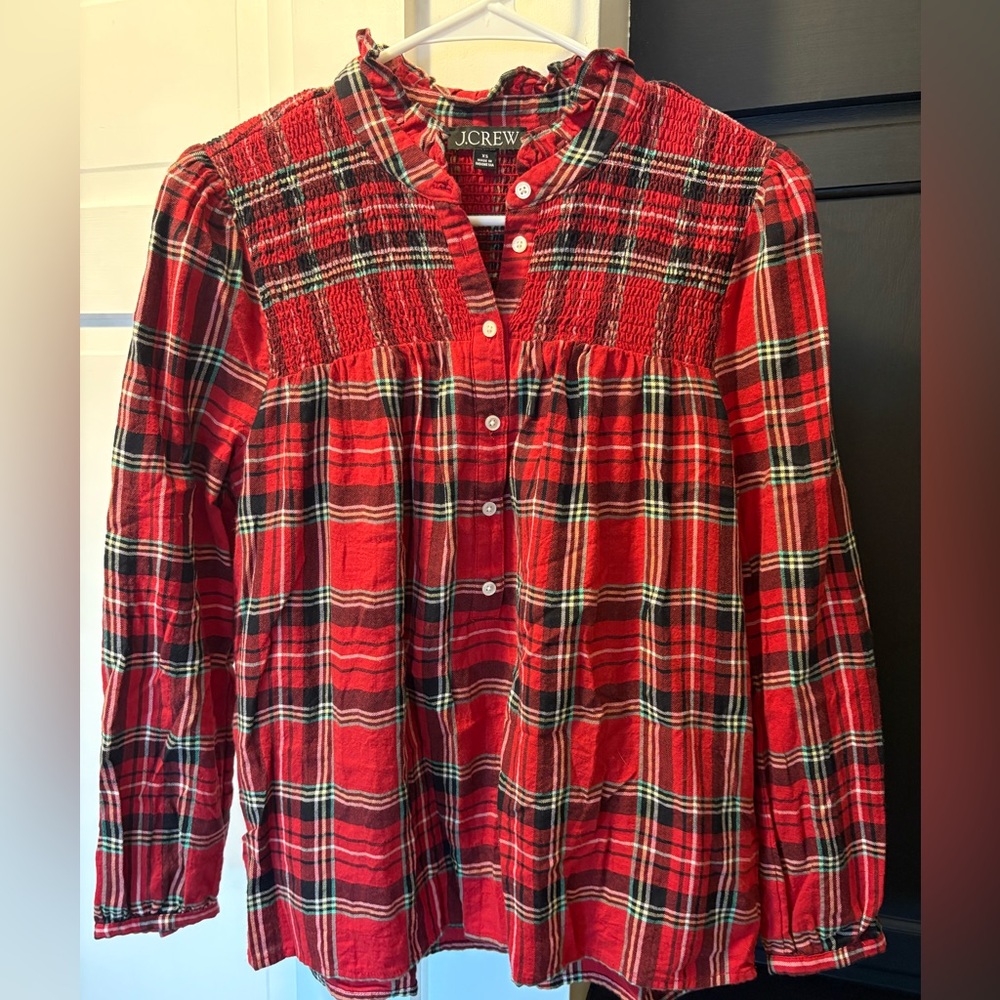 J. Crew Red and Black Plaid Smocked Blouse